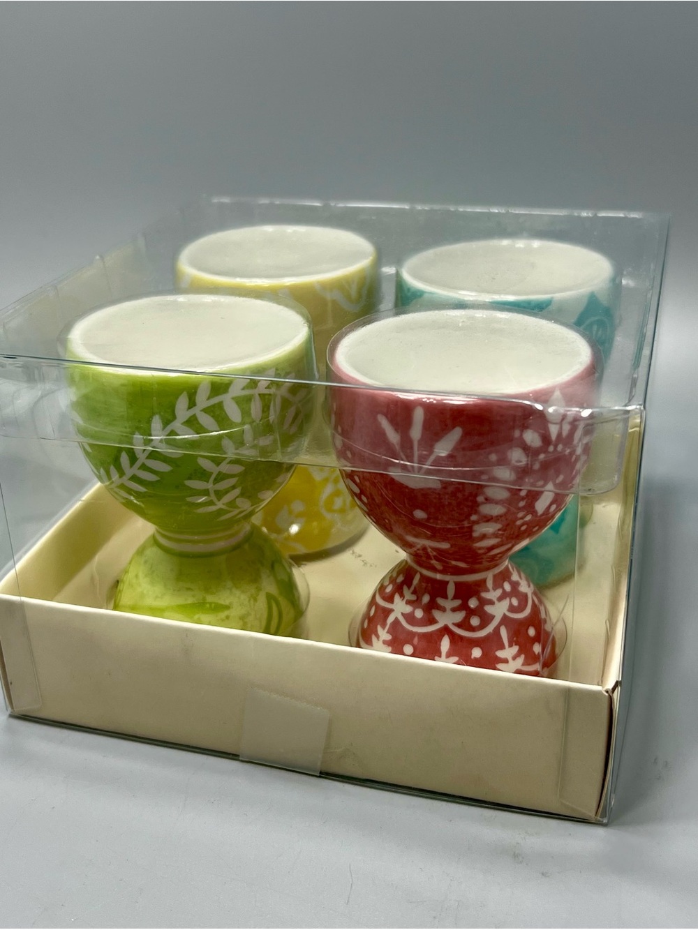 Pottery Barn Colorful Ceramic Egg Cup Set - Red, Green, Yellow, Blue
